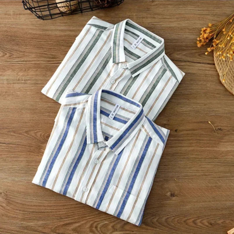 Classic men's striped long sleeve casual shirt, lightweight & comfortable for versatile spring and summer styling.