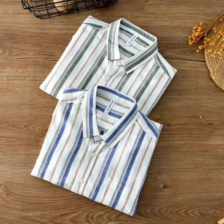 Classic men's striped long sleeve casual shirt, lightweight & comfortable for versatile spring and summer styling.