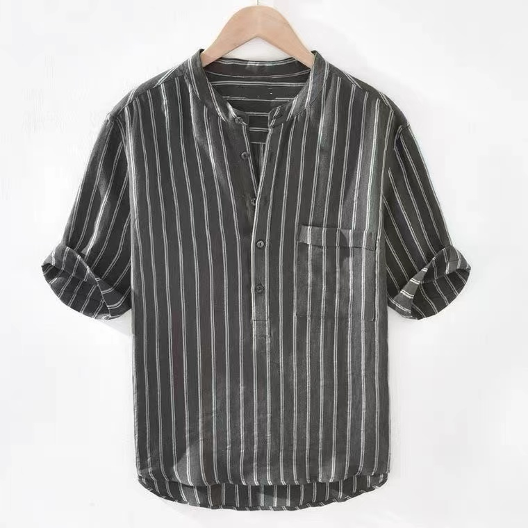 Men's lightweight striped linen blend henley shirt with a band collar, perfect for breathable summer casual wear.