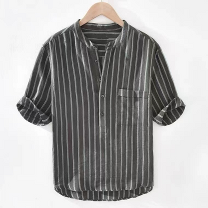 Men's lightweight striped linen blend henley shirt with a band collar, perfect for breathable summer casual wear.