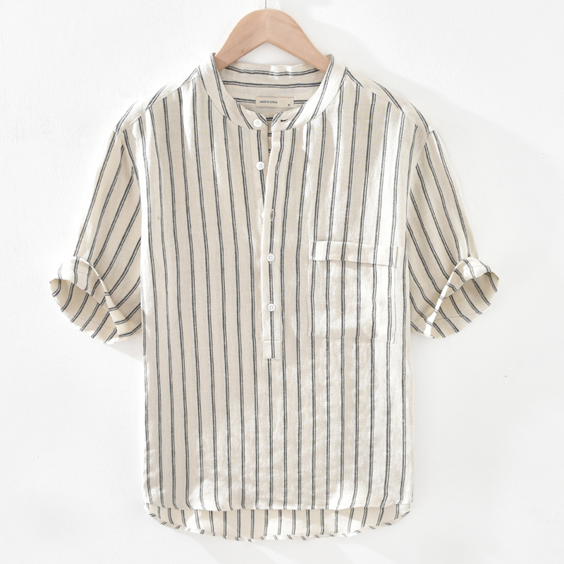 Close-up of a men's striped linen blend popover henley shirt, showcasing its lightweight and breathable fabric.