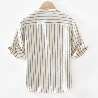 Full view of a stylish men's linen henley shirt with stripes, ideal for comfortable and casual summer fashion.