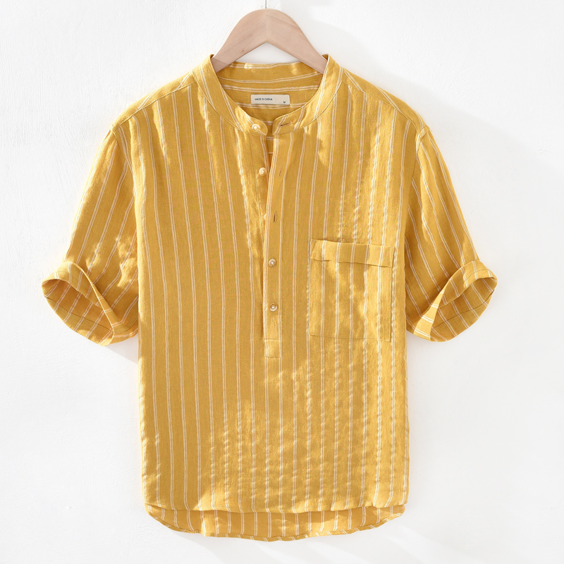 Men's breathable striped linen henley shirt, featuring a stylish band collar and popover design for summer comfort.