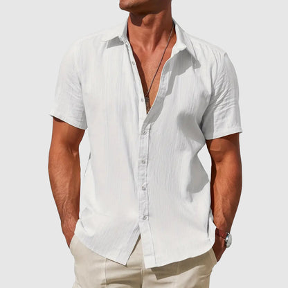 Versatile men's casual summer shirt, short sleeve, relaxed fit, great for warm weather & vacation outfits.