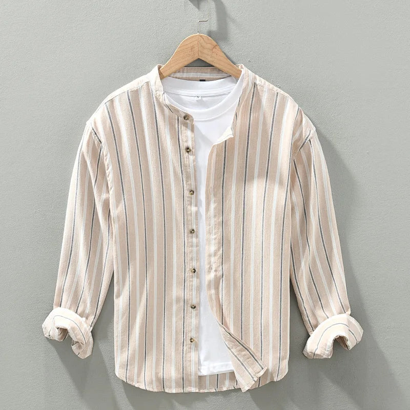 Breathable men's summer shirt with a sophisticated striped collar, great for comfortable warm weather style.