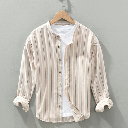 Breathable men's summer shirt with a sophisticated striped collar, great for comfortable warm weather style.