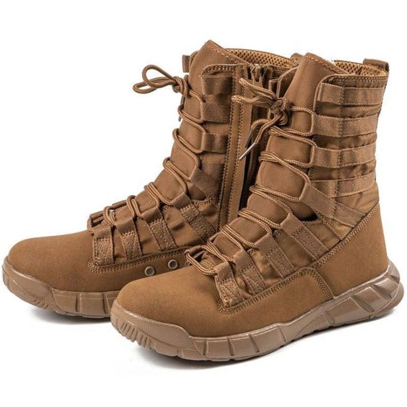 Men's lightweight tactical desert boots in tan leather, suitable for outdoor hiking and military-style use.