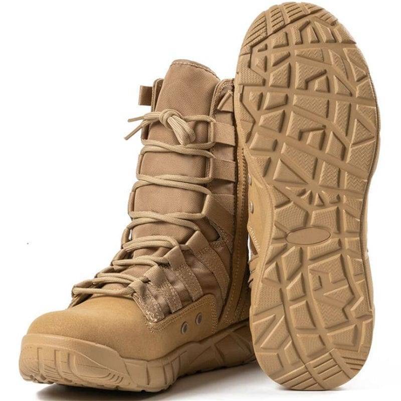 Tan leather tactical desert boots for men, featuring a lightweight design for outdoor adventures and hiking.