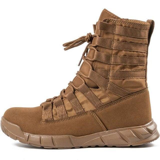 Close-up of a men's lightweight tactical desert boot, showcasing the tan leather and rugged outdoor design.