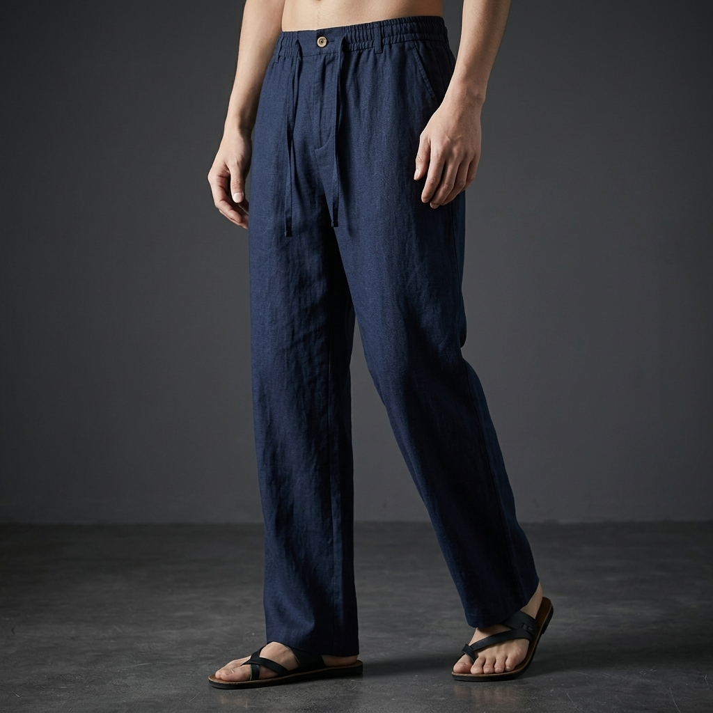 Warm weather men's tailored pants, lightweight and comfortable with a flexible drawstring.
