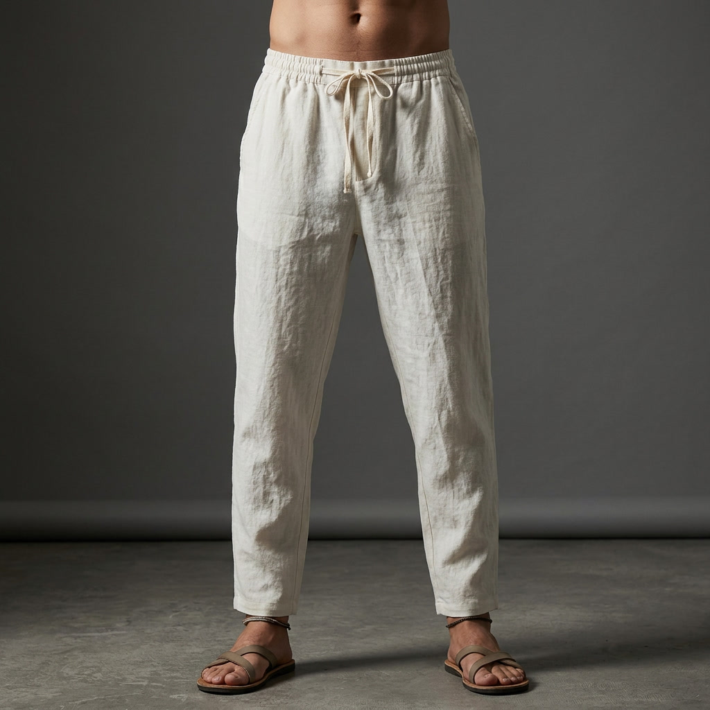 Stylish men's tailored drawstring trousers, lightweight and breathable for summer comfort.