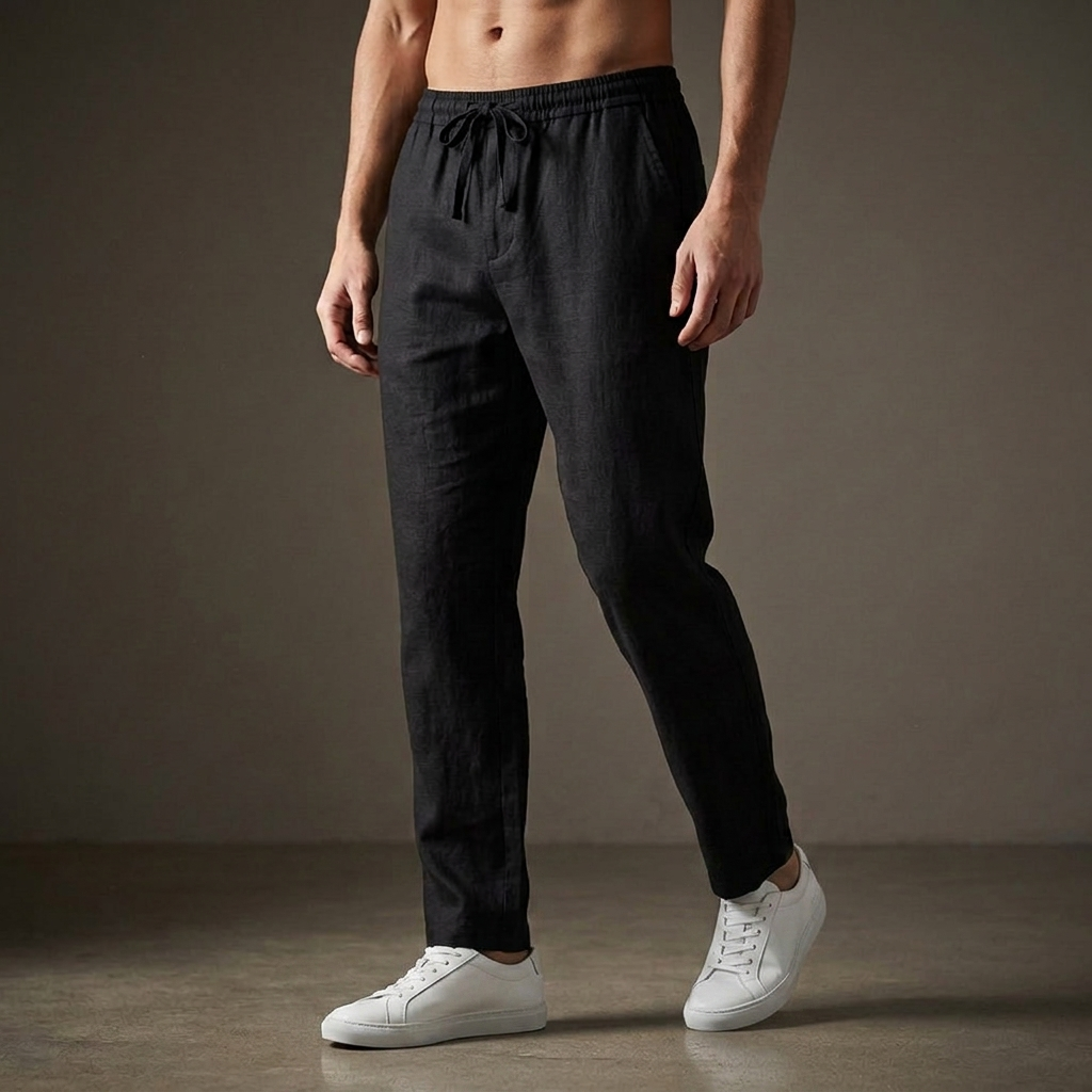 Summer men's pants, lightweight fabric, tailored design, and convenient drawstring waist.