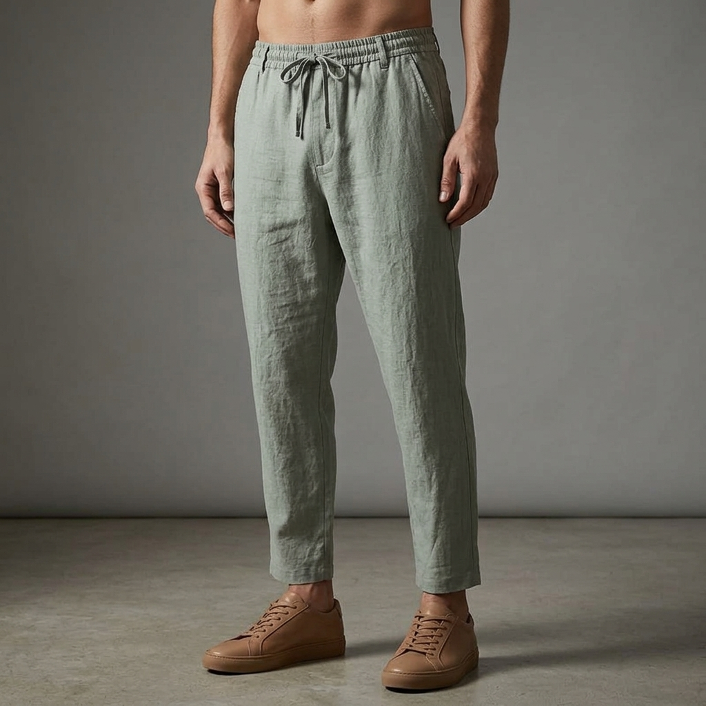 Men's casual drawstring trousers, tailored for a sleek look in lightweight summer material.