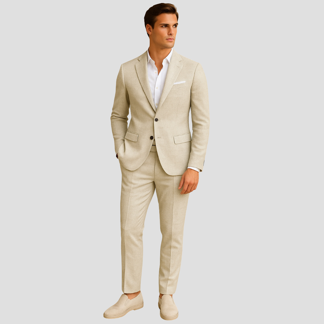 Men's lightweight two-piece summer suit for warm events. Perfect for weddings, smart casual & formal occasions.
