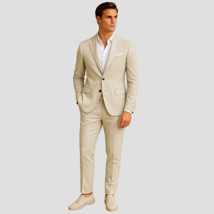 Men's lightweight two-piece summer suit for warm events. Perfect for weddings, smart casual & formal occasions.