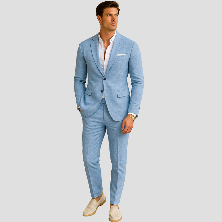 Breathable men's lightweight two-piece summer suit. Comfortable formal wear for warm weather, weddings & events.