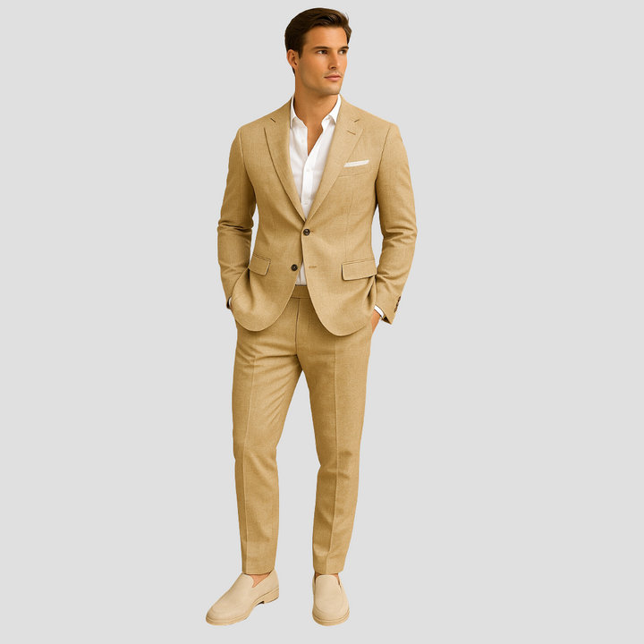 Versatile men's lightweight summer suit. Two-piece design, perfect for smart casual, formal, or wedding attire.
