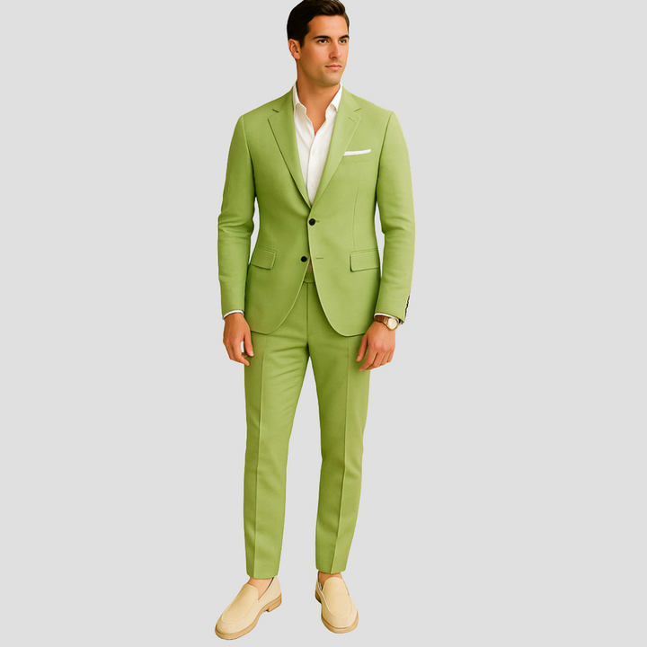 Elegant men's lightweight summer suit. Two-piece formal wear for warm events, weddings & special occasion fashion.