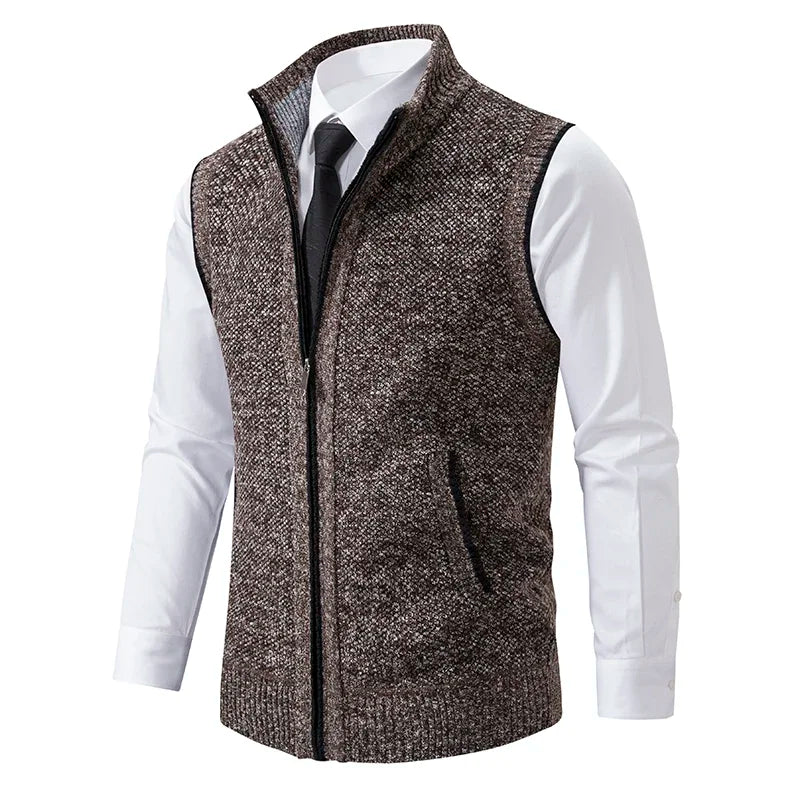 Detail shot of men's lightweight wool blend vest texture, highlighting comfortable fabric for layering warmth.
