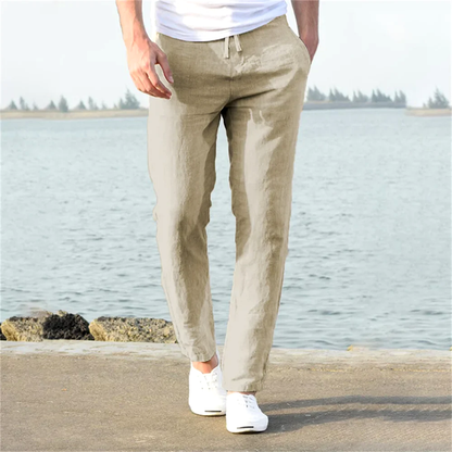 Men's linen blend trousers, breathable & relaxed fit for ultimate summer comfort.