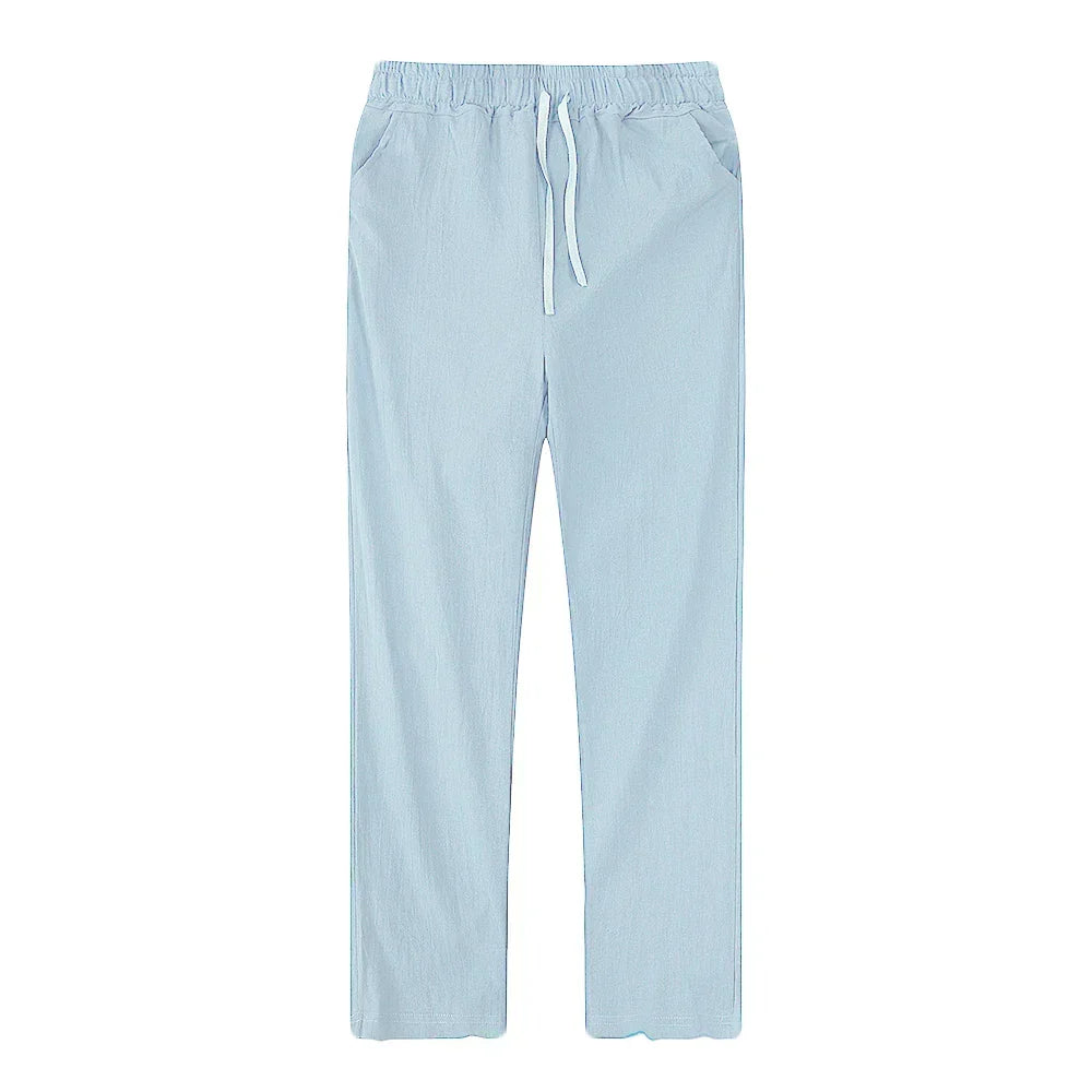 Men's linen blend trousers with drawstring waist, relaxed fit for ultimate summer comfort.