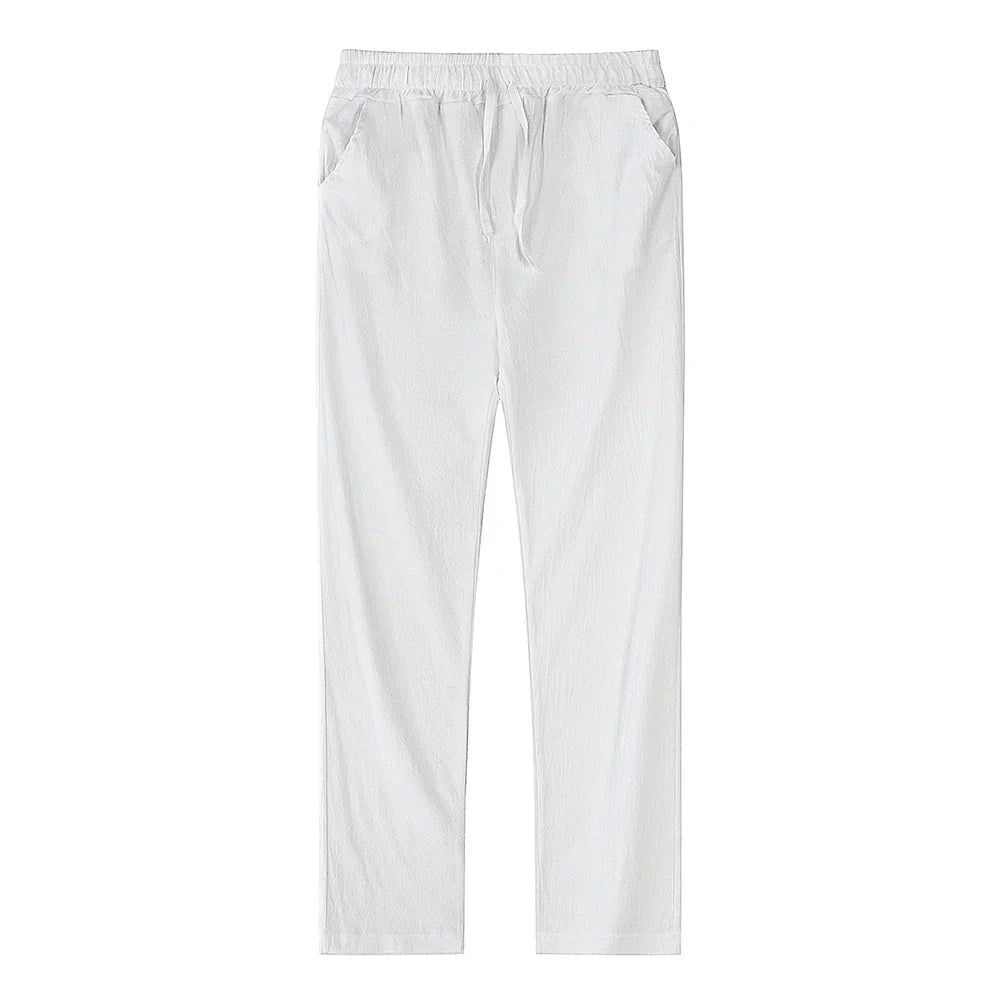 Men's casual linen blend pants, breathable cotton blend perfect for outdoor summer activities.