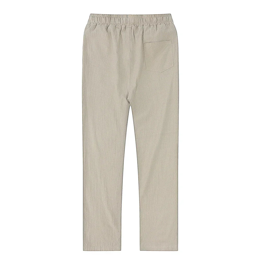Men's beach linen blend trousers, breathable drawstring pants for summer holiday comfort.