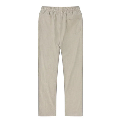 Men's beach linen blend trousers, breathable drawstring pants for summer holiday comfort.
