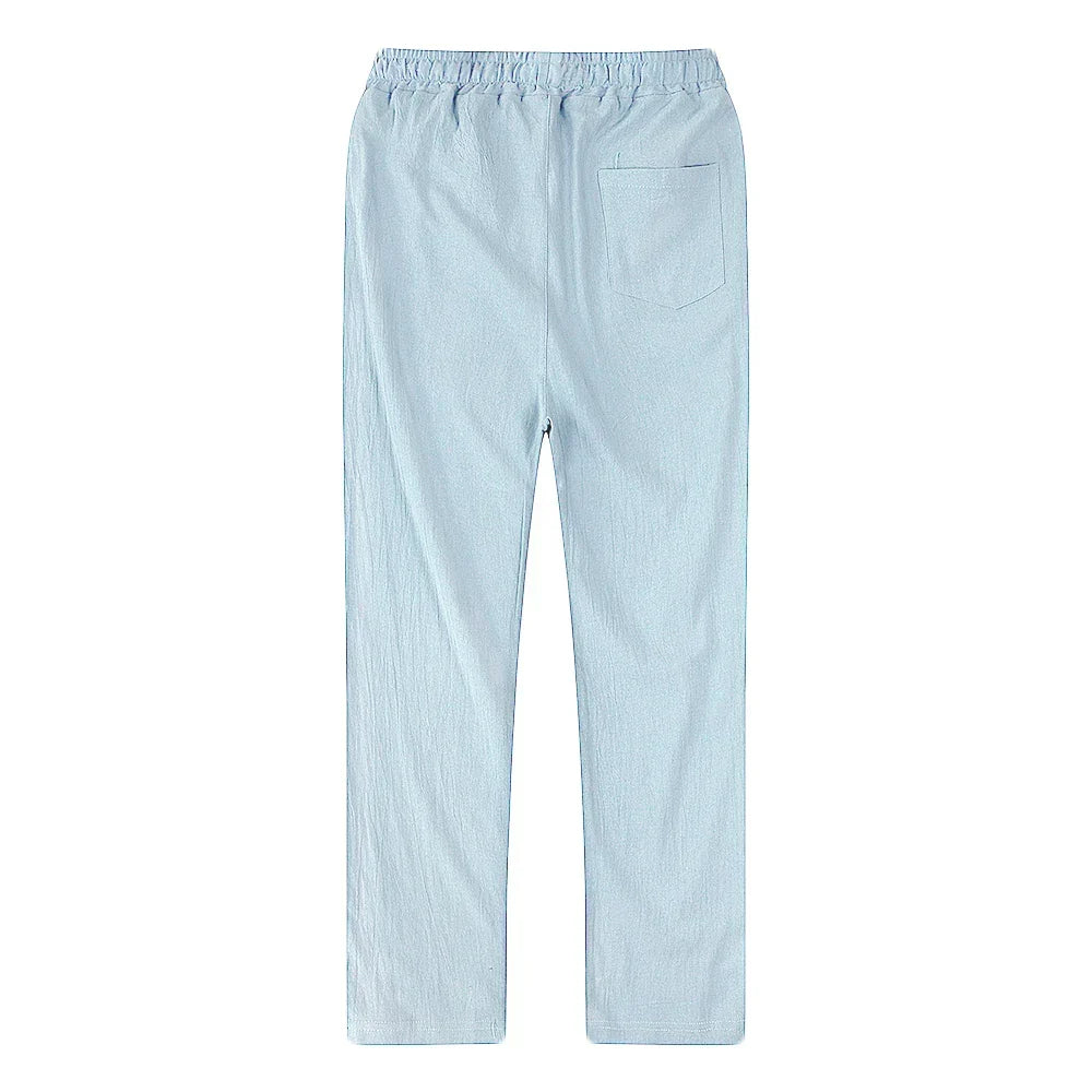 Versatile men's linen blend trousers, breathable & relaxed for casual, summer, or beach wear.