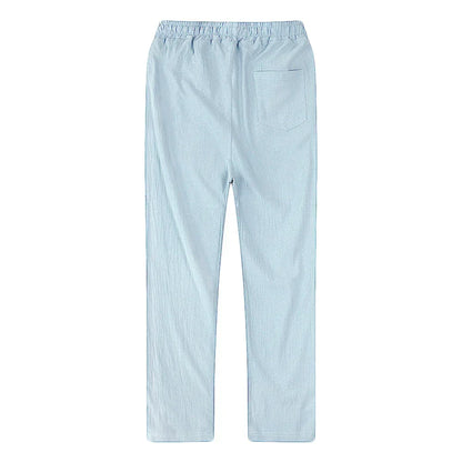 Versatile men's linen blend trousers, breathable & relaxed for casual, summer, or beach wear.