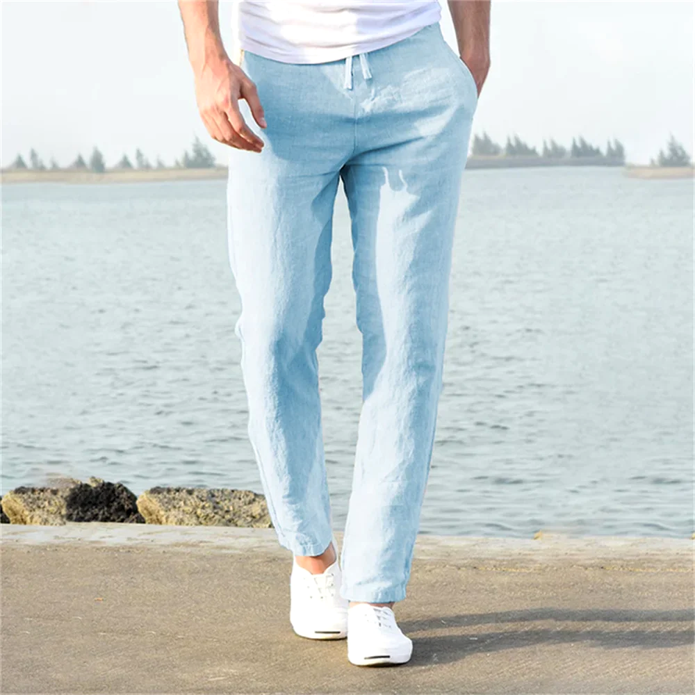 Men's casual linen blend trousers with drawstring waist, perfect for beach or summer wear.