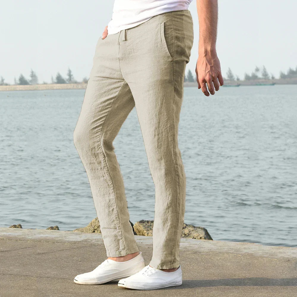 Comfortable & breathable men's linen blend trousers, perfect for relaxed summer style.