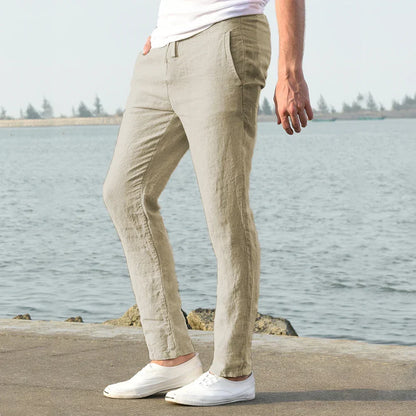 Comfortable & breathable men's linen blend trousers, perfect for relaxed summer style.