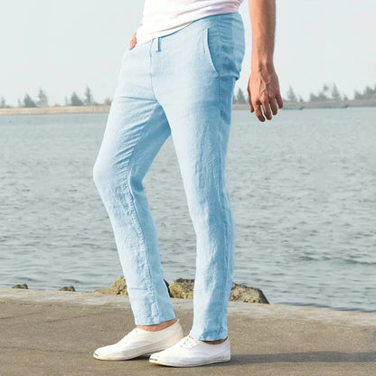 Men's linen blend drawstring pants, cotton mix for breathable casual summer beach wear.
