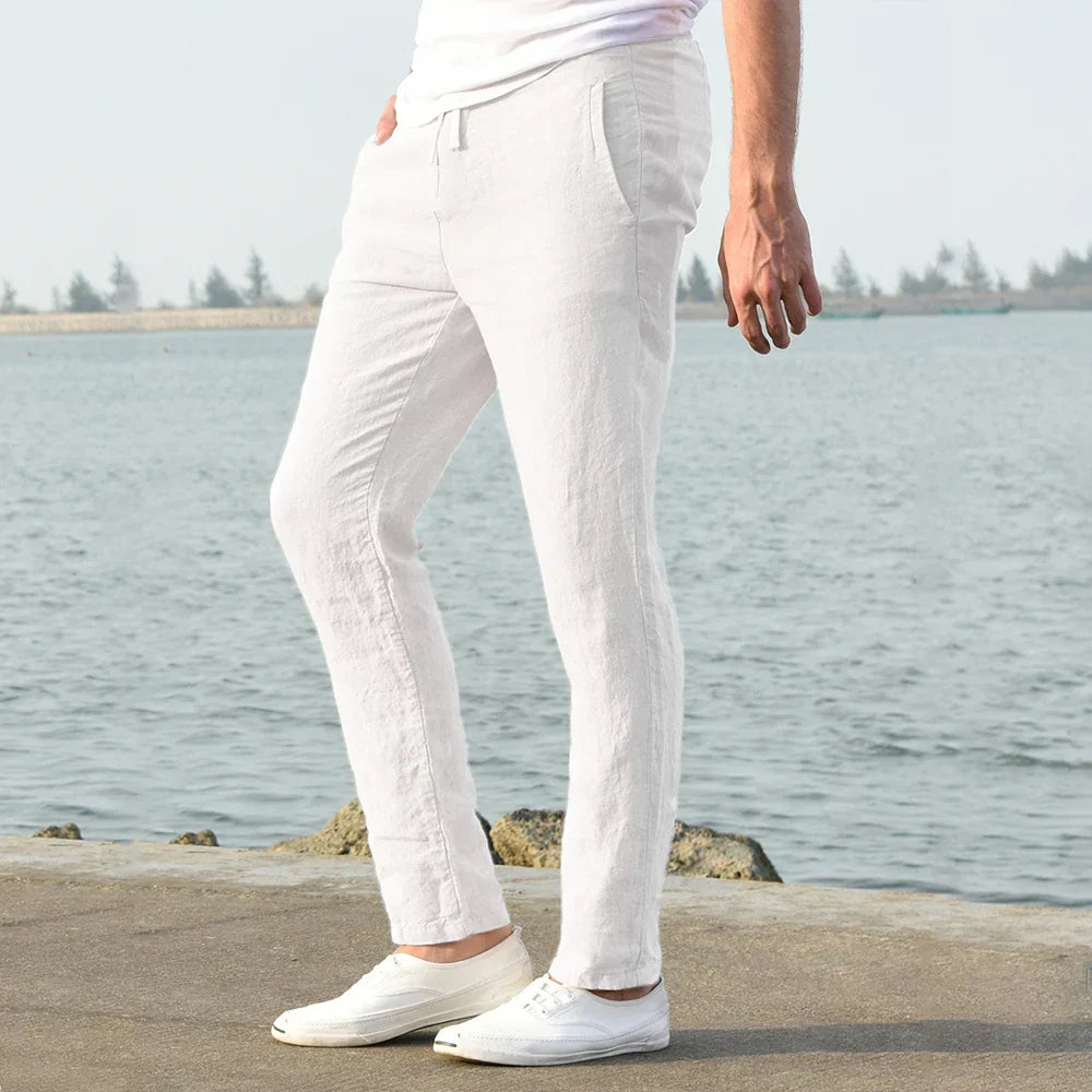 Men's linen blend comfort trousers, breathable cotton blend, relaxed fit, summer casual pants.