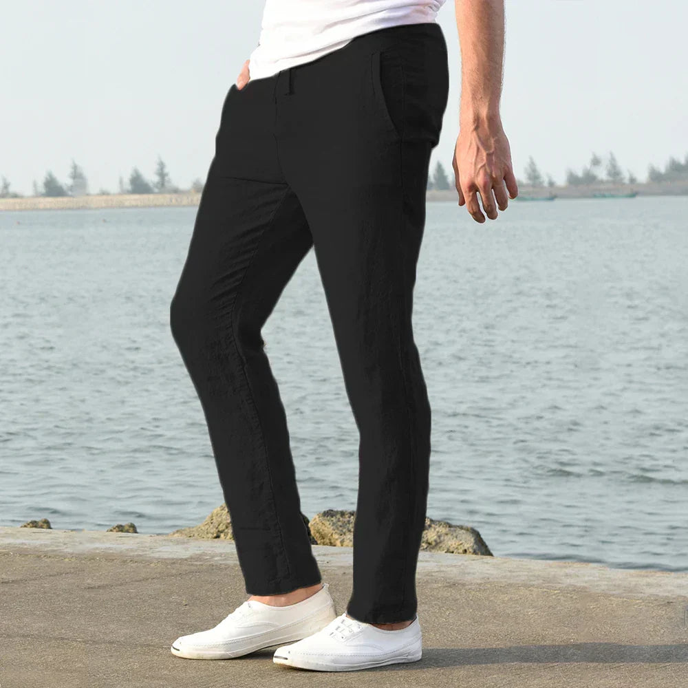 Men's breathable linen blend bottoms, relaxed fit cotton mix trousers for summer comfort.