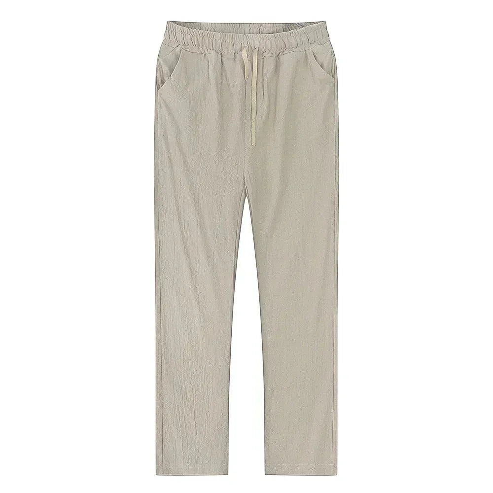 Men's breathable linen blend trousers for summer casual and comfort wear.
