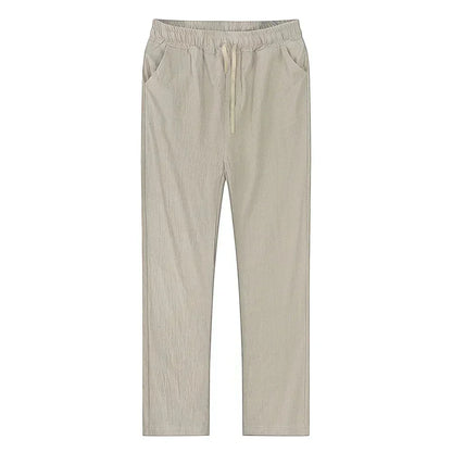 Men's breathable linen blend trousers for summer casual and comfort wear.
