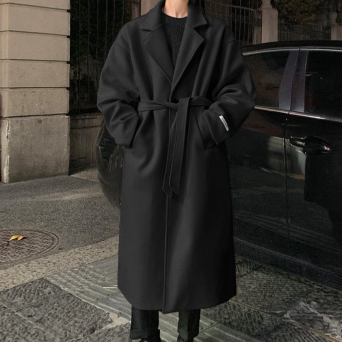 Men's long belted overcoat in classic style, perfect for formal and smart casual autumn & winter fashion.