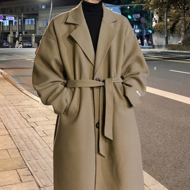 Timeless men's long belted overcoat, a versatile trench coat for formal events & smart casual style.