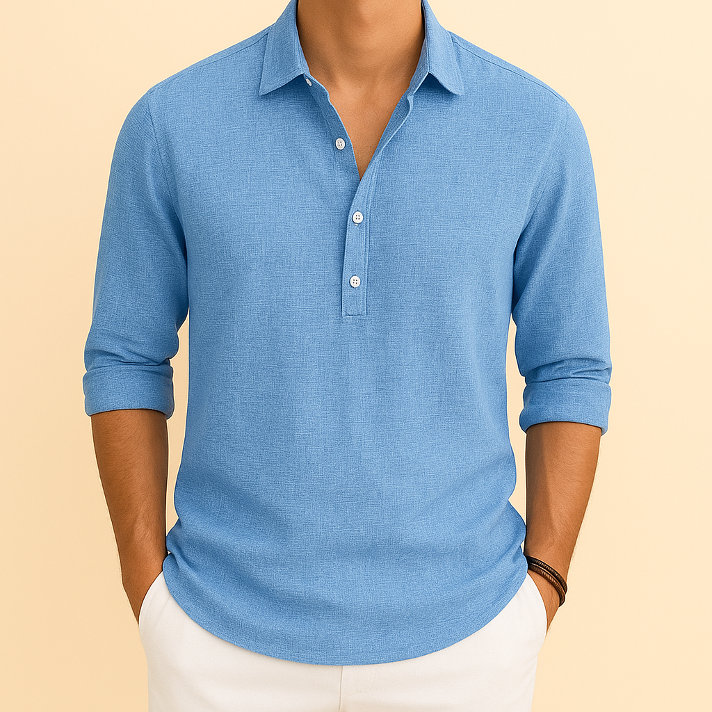 Men's long sleeve button neck polo shirt in a relaxed fit, perfect for casual spring & autumn wear.