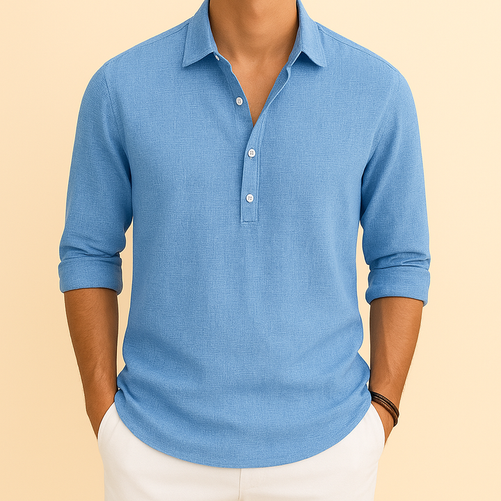 Men's long sleeve button neck polo shirt in a relaxed fit, perfect for casual spring & autumn wear.