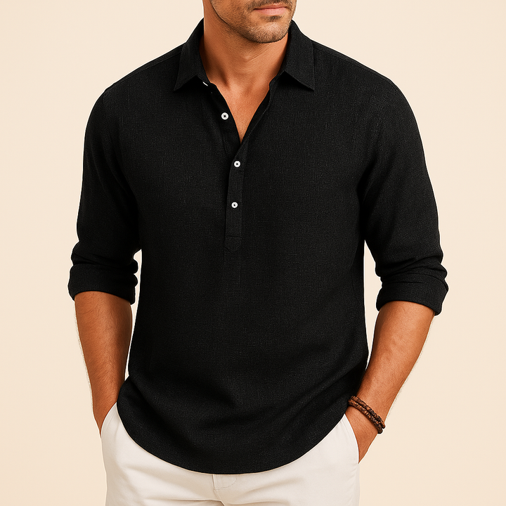 Sophisticated men's long sleeve polo with a stylish button neck, ideal for a refined casual look.