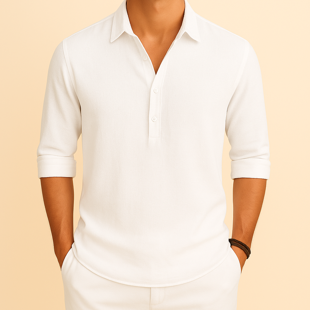Versatile men's long sleeve button neck polo, a comfortable top for spring, autumn & everyday fashion.