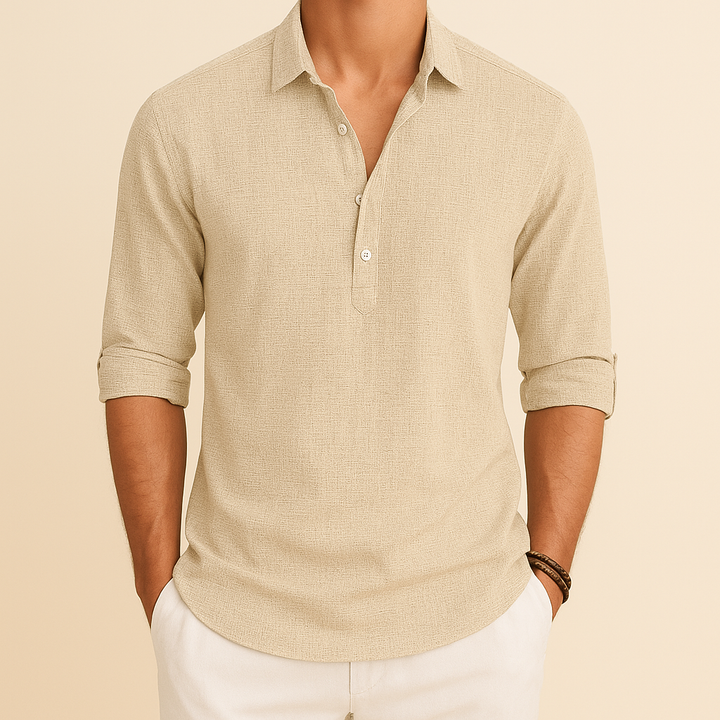 Casual men's long sleeve polo shirt featuring a stylish button neck, a key piece for men's fashion.