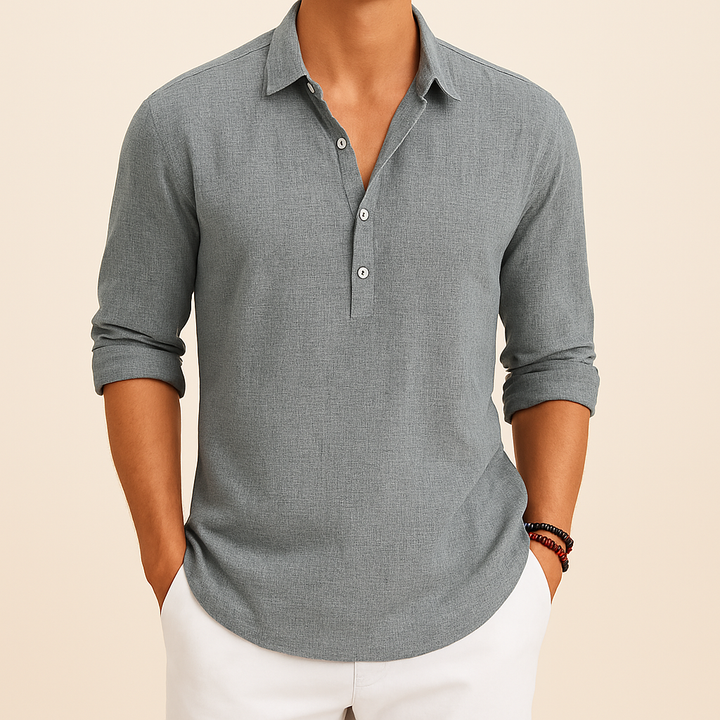 Relaxed fit men's long sleeve polo shirt with a button neck, offering comfort and style for casual wear.