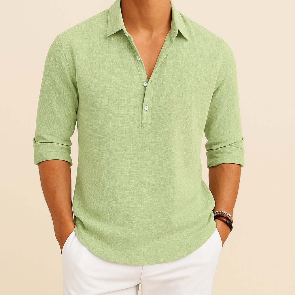 Men's long sleeve button neck polo shirt, a versatile and refined top suitable for various casual occasions.