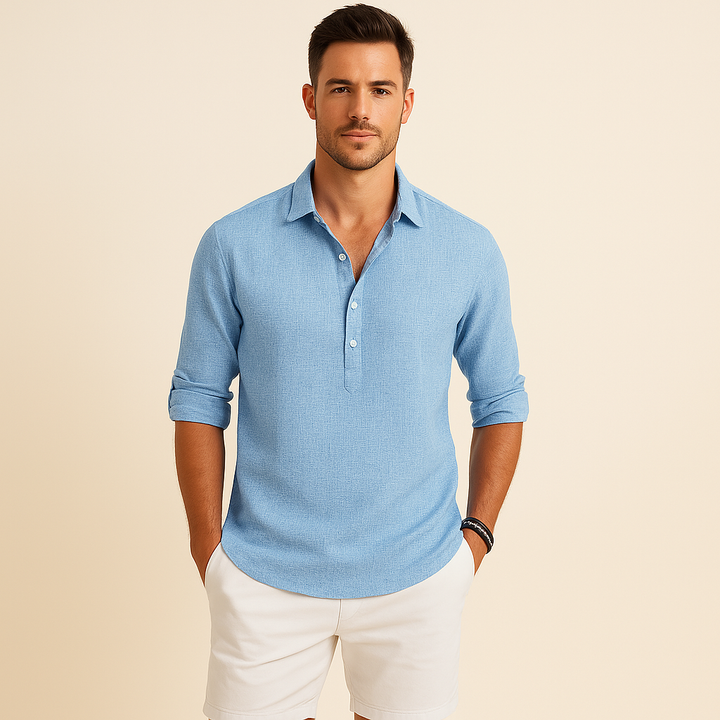 Stylish men's long sleeve button neck polo, a casual yet sophisticated addition to any autumn wardrobe.