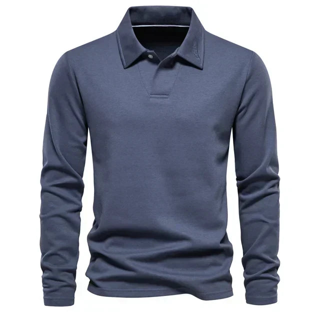 Versatile men's long-sleeve turn-down collar polo, great for casual or dressed-up looks.