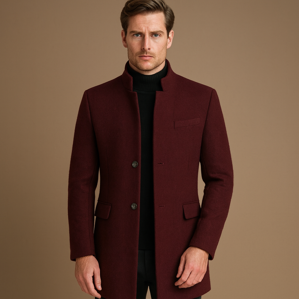 Men's longline stand collar overcoat, perfect for formal business wear or elegant evening events.